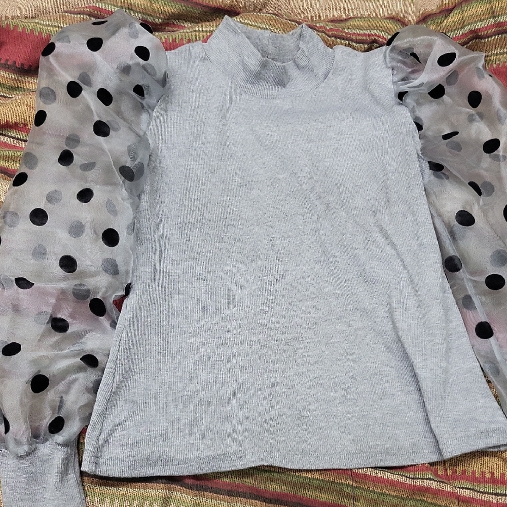 Gray Top with Sheer Polka Dot Sleeves